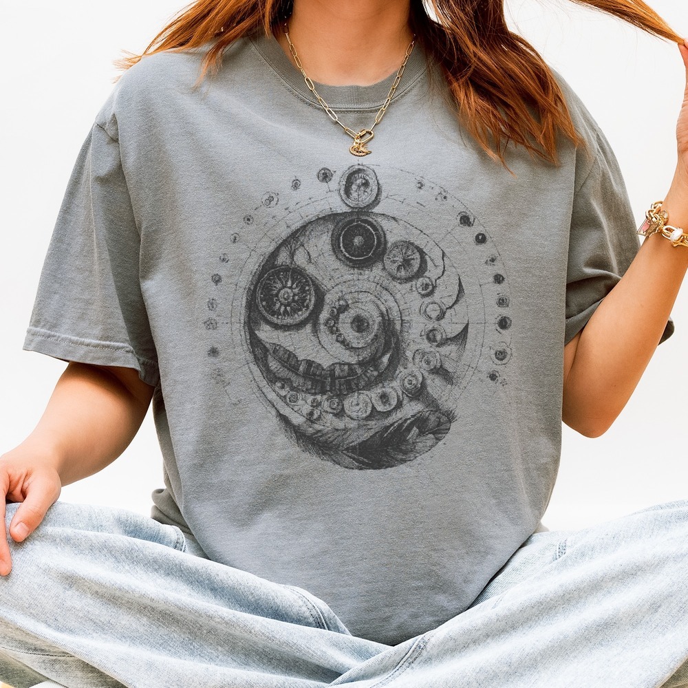Sun Medallion Nested Within Compass Rings Diagram Tee